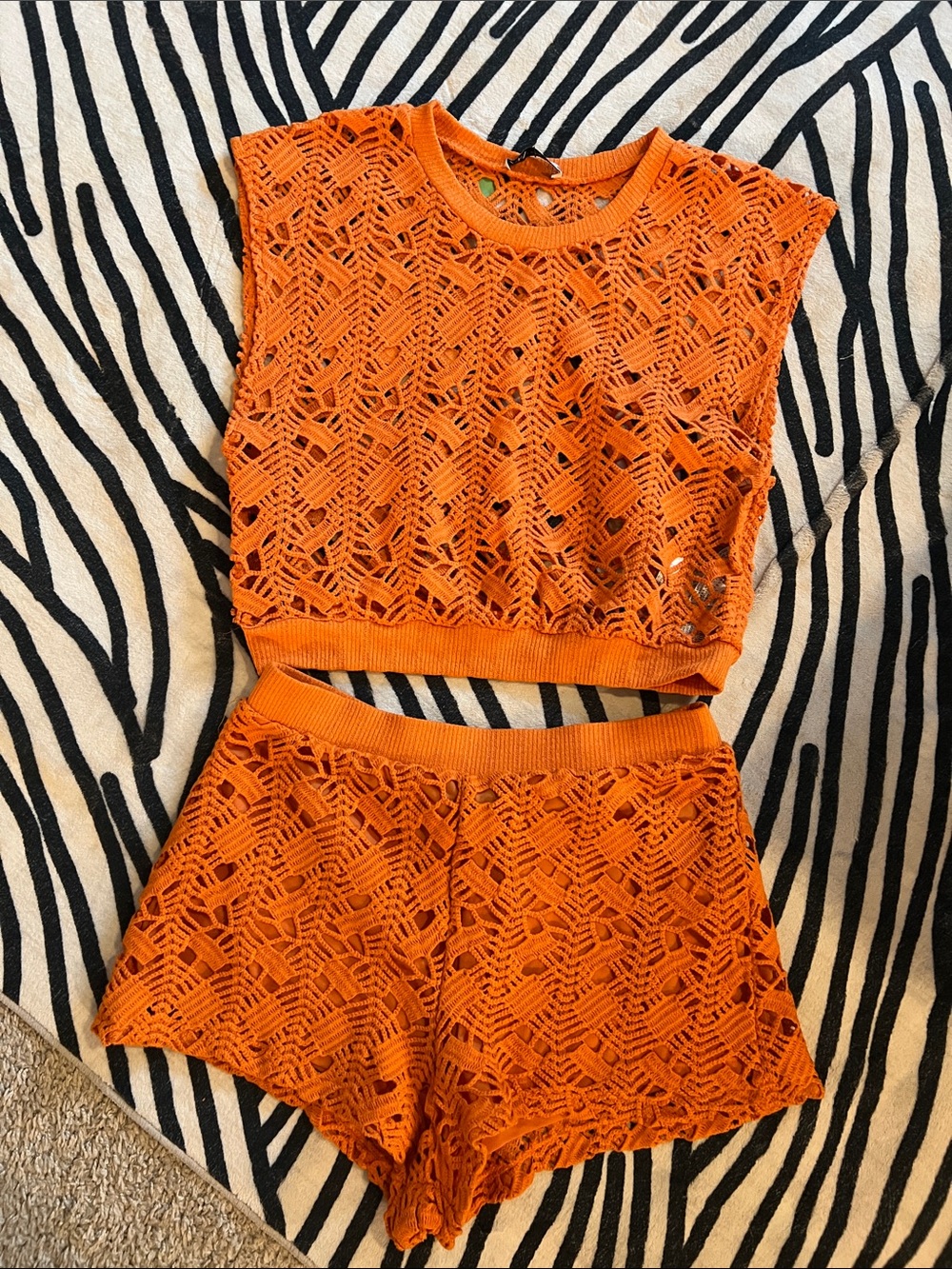 Zara Orange Crochet Knit High-Waist Shorts Set
